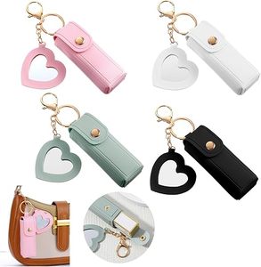 Custom Logo Lipstick Sleeve Pouch Elastic Lip Balm Organizer Holder PU Leather Potable Lipstick Holder <b>Key</b> <b>Chain</b> with Mirror - Product Image 1