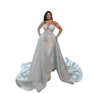 White Satin Beaded Wedding Dress Sweetheart Neckline Long Sleeve Detachable Train Natural Waistline Plus Size Gown - Product Image 5