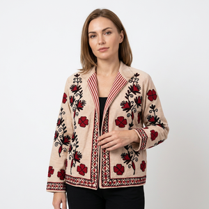 Veste matelassée vintage en toile de coton beige pour femme |   Manteau bohème floral brodé à la main |   Hiver Écologique Durable Rapide - Product Image 1