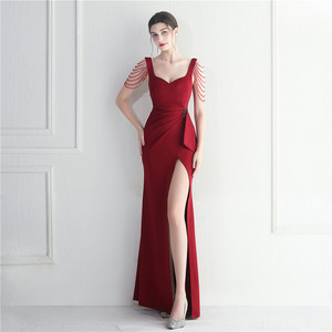 19935 em Estoque Craft Beaded Car Model Bridesmaid Performance Wedding Long Slit Evening Dress - Product Image 4
