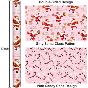 Pink Christmas <b>Wrapping</b> <b>Paper</b> Roll 17 Inch X 33 Feet Reversible Santa Deer Candy Cane Design Gift Craft Packaging - Product Image 3