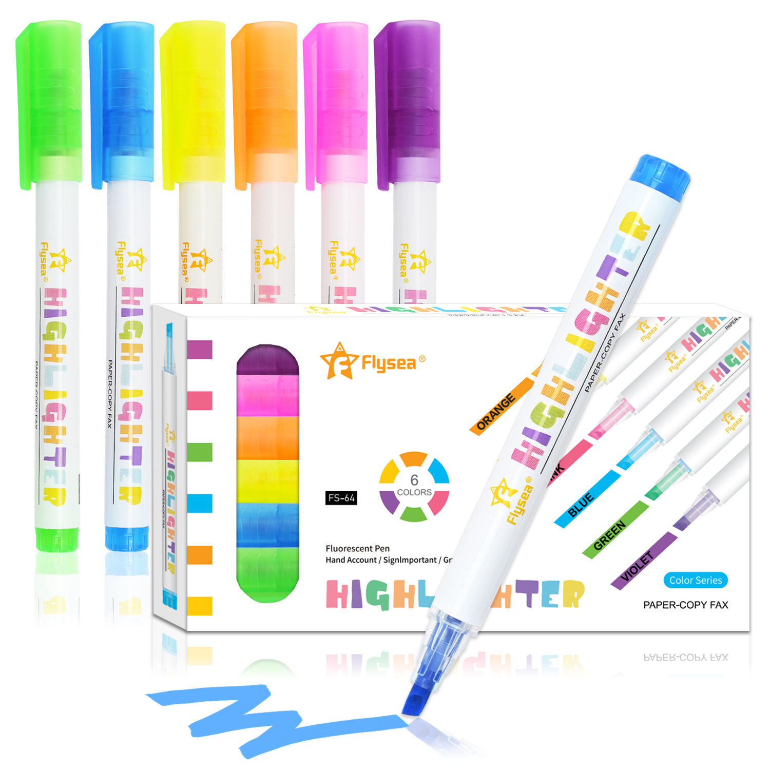 New Product 6 Fluorescent Colors Marker Pen,Mild Soft Chisel Tip Highlighter for Journal Planner Notes School Office Supplies