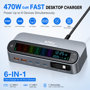 <span class=keywords><strong>Chargeur</strong></span> rapide GaN 470W, station de charge de bureau à 6 ports avec affichage numérique en temps réel, <span class=keywords><strong>2</strong></span> ports USB-A, 4 ports Type-C, adaptateur de <span class=keywords><strong>chargeur</strong></span> - Product Image 1