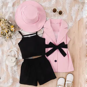 New fashion children clothing toddler girls summer sleeveless vest top+shorts+lapel coat+hat kids 4pcs outfits