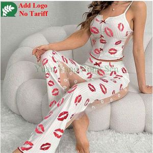 Lettere traslucide Love Heart stampa allegra <span class=keywords><strong>pigiama</strong></span> da <span class=keywords><strong>donna</strong></span> con scollo a v Top Amp pantaloni lunghi a due pezzi <span class=keywords><strong>pigiama</strong></span> da <span class=keywords><strong>donna</strong></span> - Product Image 3