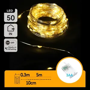 Ghirlanda di luci LED con filo di rame, batteria 3AA, 5 m, luce bianca calda; ideale per decorare e creare atmosfera negli spazi. - Product Image 3