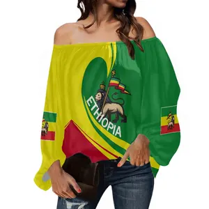 Custom Ethiopia Logo Design Women's Shirts Print on Demand One-shoulder Blouse Wholesale Sublimation Puls Size Chiffon Shirt
