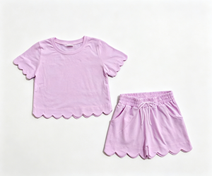 Conjunto Casual de 2 Piezas para Niñas, Camiseta de Manga Corta con Dobladillo Festoneado de Color Sólido y Pantalones Cortos con Cordón, <span class=keywords><strong>Ropa</strong></span> de Verano para Niños, <span class=keywords><strong>Ropa</strong></span> de Algodón - Product Image 2