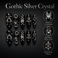 Faux ongles gothiques sombres en PMMA, longs, à pression, avec strass noirs, forme cercueil, couvrance totale, faits à la main, pour doigts