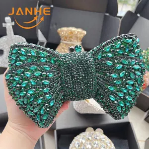 JANHE 2023 New Arrivals Luxury Cute Metallic Handbags Crystal Purse Rhinestone Clutch Bag Evening Bags Bow Diamonds Clutches