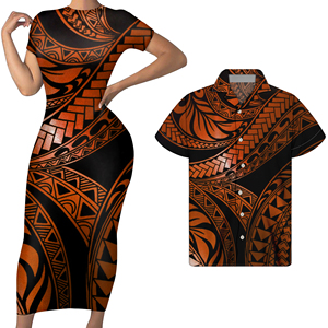 Robe moulante à manches courtes et imprimé à rayures tribales polynésiennes colorées étincelantes femmes Match hommes chemises ensemble de vêtements personnalisés pour Couple - Product Image 2
