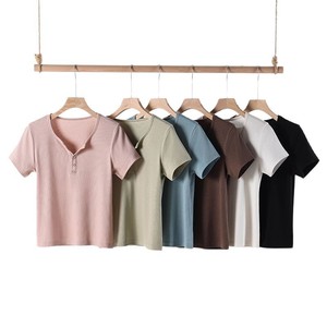 Women's Short Sleeve T-<b>Shirt</b> Slim Fit Solid Color <b>Half</b> Open Collar <b>Button</b> Front Spring Summer Top - Product Image 5
