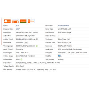 800:1 NV133FHM-N53/54/52/5A/5T, 300 Cd/<span class=keywords><strong>m</strong></span> nuovo di zecca No Touch 16:9 Laptop schermo LCD modulo 1920*1080 EDP 30 pin 13.3" - Product Image 6