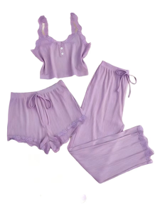 Conjunto de Pijama de Verano para Mujer, Delgado, Transpirable, de Tres Piezas, con Camisola de Encaje y Pantalones Cortos Largos, Estilo Europeo-Americano, Comercio Exterior Transfronterizo - Product Image 5