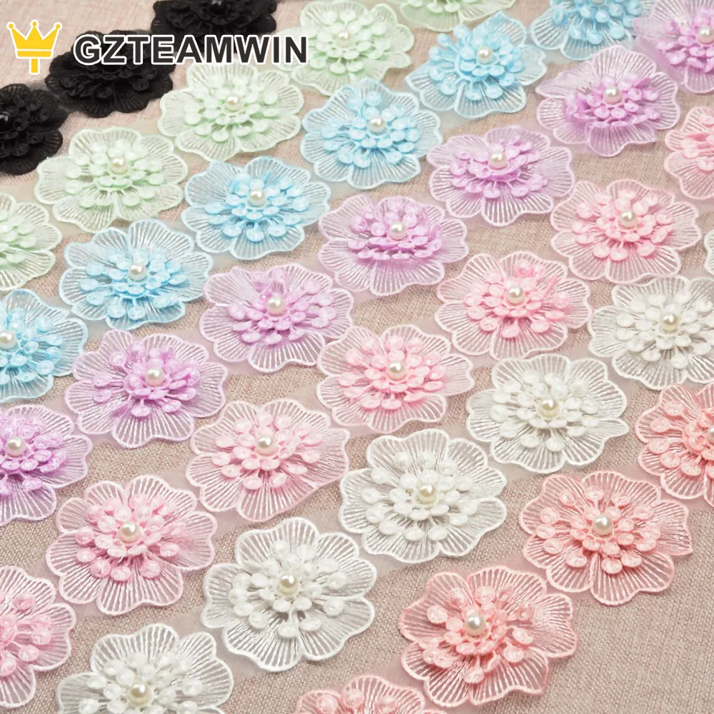 Hot Sale High Quality Fabric Floral Bead Applique Embroidery Lace Trim Bridal Dress Fabric Pearl Bead Lace Chemical Lace