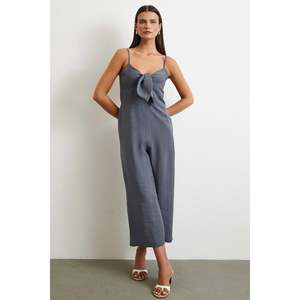 Mono minimalista de cintura alta con tirantes, gris, de lino y algodón, transpirable, para uso diario de mujer - Product Image 3