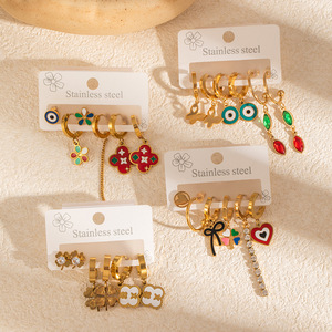 Juego de Aretes de Acero Inoxidable Chapados en Oro para Mujer, Aretes Colgantes Vintage con Diseño de Ojo de Demonio, Corazón y Trébol de Cuatro Hojas, Joyería Impermeable - Product Image 3