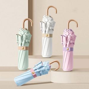 Custom Logo Folding Anti-Uv With Wooden Handle Sunproof Rainproof <b>Windproof</b> <b>Umbrella</b> Promotional Gift - Product Image 2