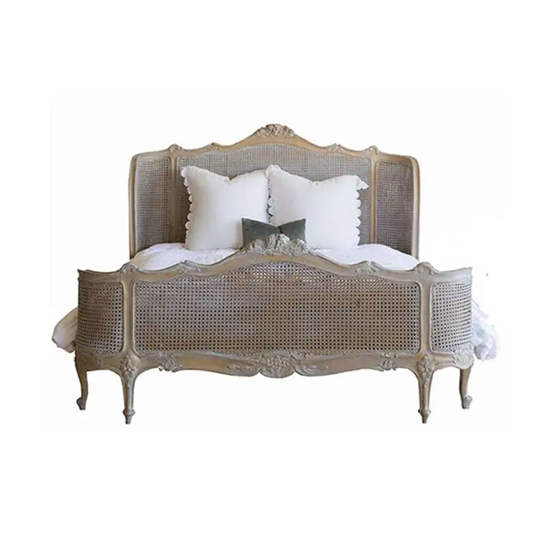 Camera da letto francese letto in rattan intagliato king-size antico in legno classico mobili personalizzati letto in canna intrecciata in legno massello