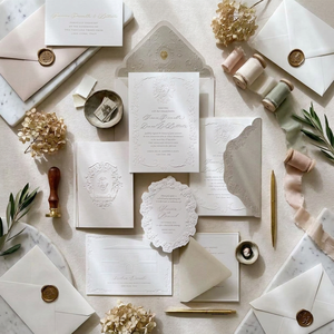 Suite d'invitations de mariage de luxe au design floral du lac de <span class=keywords><strong>Como</strong></span>, en papier couché et artistique, impression numérique, découpe laser, sceau de cire, finition gaufrée - Product Image 1