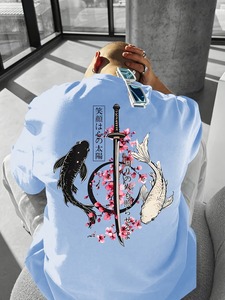 T-shirt da uomo con stampa grafica 'Smile' e fiori di ciliegio in stile giapponese, 180 grammi, stampa streetwear, rosso intenso, oversize, a maniche corte - Product Image 1