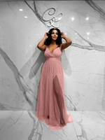 Vestido largo de noche para damas de honor, malla con escote en V profundo, abertura entrecruzada, espalda descubierta