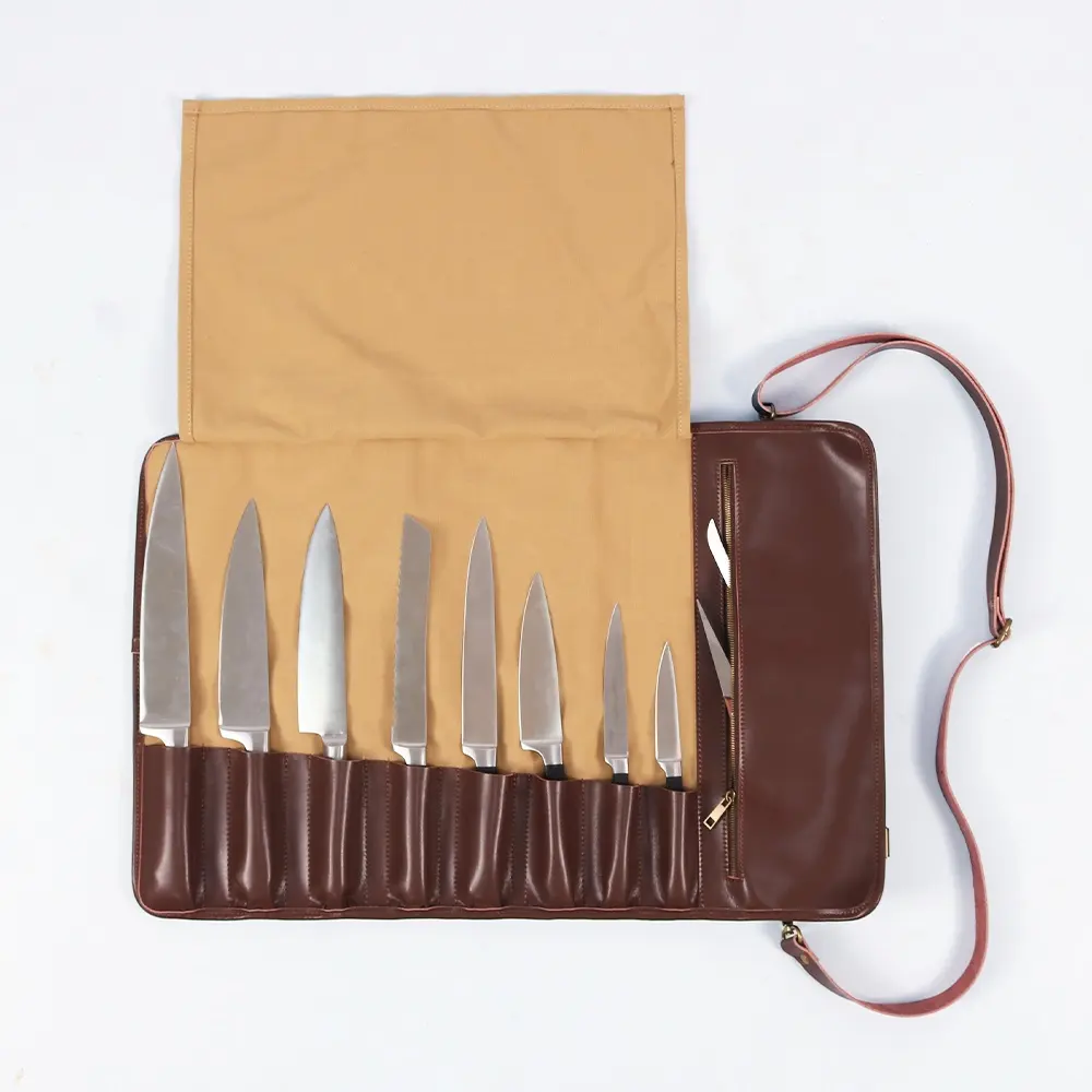 कस्टम टिकाऊ कैनवास उपकरण चाकू रोल बैग चमड़े