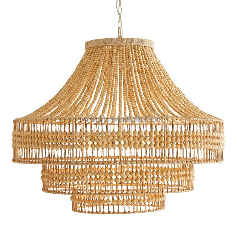 American Rustic Vintage Wood Bead Chandelier hemp rope pendant chandelier