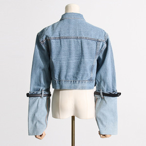 LEDUO Hot Supplier Veste de motard décontractée <span class=keywords><strong>en</strong></span> <span class=keywords><strong>jean</strong></span> pour femmes, manteau court à manches longues délavé et ajusté. - Product Image 3