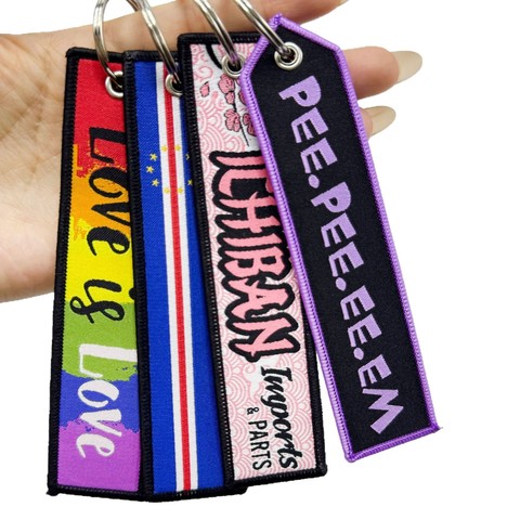 Custom Double-Sided Iron Keychain Woven Fabric Key Tag Rectangle Embroidered Letter Design Personal Logo Woven Embroidery