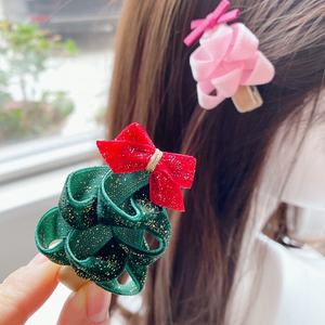 Children's Glitter Hair Ornament Solid Color <b>Christmas</b> <b>Tree</b> Hair Pin Bow BB Clip Party Set 2 Pieces - Product Image 3