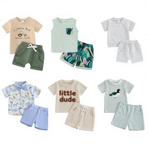 Ensemble de vêtements pour enfants unisexe en coton confortable pour l'été, 2 pièces, débardeur à carreaux et short imprimé, âges 0-12, modèle TZ-039 - Product Image 1