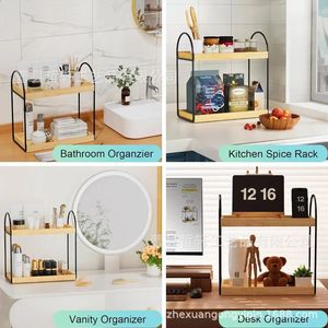 Wooden And Wrought Iron Double Layer Storage <b>Rack</b> 13.78In X 7In Multipurpose Desktop Organizer For Bathroom <b>Kitchen</b> Makeup - Product Image 2