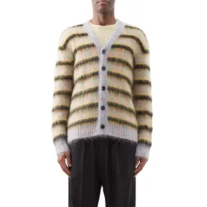 OEM custom new fashion striped v neck brushed mohair blend cardigan men front buttons sweater