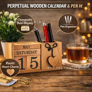 Wooden Desktop <b>Calendar</b> With Pen Holder Square Solid Wood Creative Ornament For Home Office Desk Use - Product Image 3