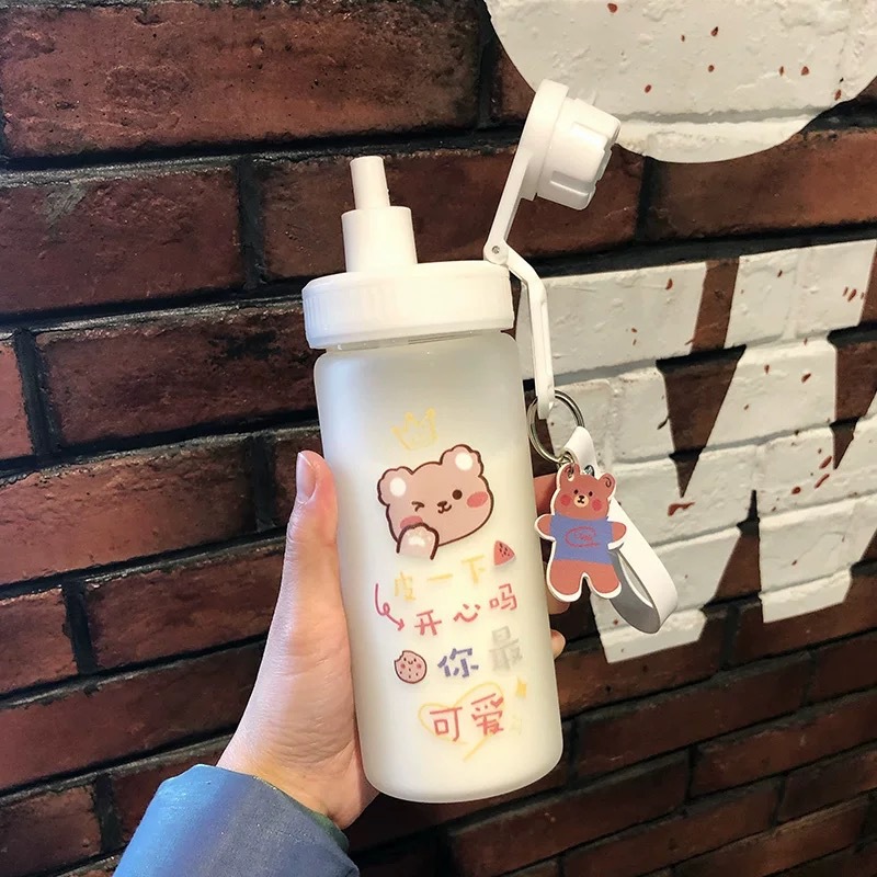 Fashion Cartoon Cute Bear Glass Bottles With Straw Simple Colorful Drinking Glass Water Bottle