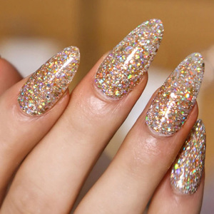 Uñas Postizas al por Mayor, 24 Piezas/Caja, Medianas, Almendradas, Brillantes, con Puntas Francesas Doradas, Uñas Adhesivas para Mujer - Product Image 1
