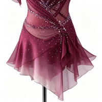 Robe de patinage artistique rouge bordeaux dégradé à manches volantées, dos ouvert, en maille ornée de strass, pour concours de danse sur glace, pour enfants et filles