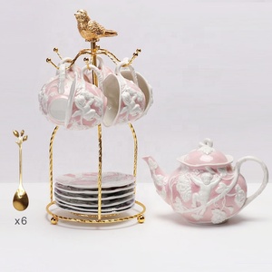 Hot Selling European Style Relief Pink Ceramic <b>Tea</b> and Coffee <b>Set</b> 250ml Capacity Includes <b>Cups</b> and Saucer for Hotels - Product Image 3