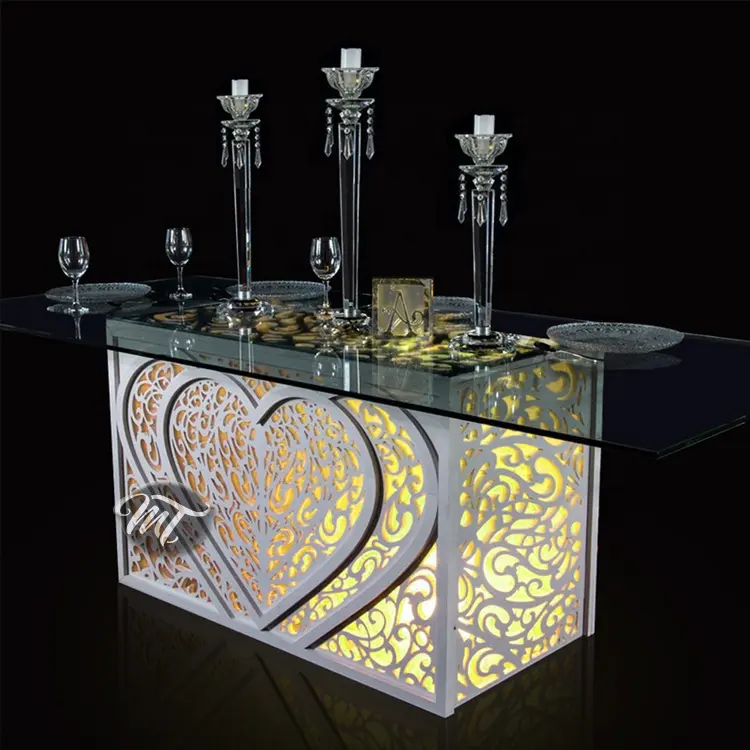 Table de mariage, en verre trempé, design d'amour, avec lumière LED, décoration de luxe, livraison gratuite
