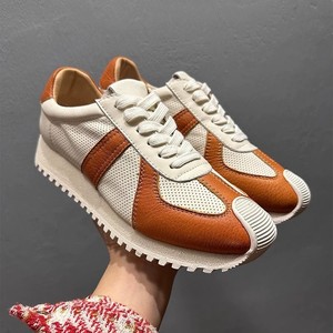 Men's Genuine <b>Leather</b> <b>Sneakers</b> White Brown Hollowed Out Low Top Casual Fitness Walking Shoes Flat Heel Front Laces - Product Image 4