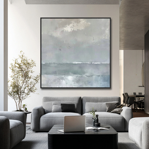 Grande Quadro Moderno Astratto <span class=keywords><strong>Dipinto</strong></span> a Mano su Tela, Paesaggio Marino <span class=keywords><strong>Blu</strong></span> e Bianco in Stile Art Déco con Cornice per Arredamento Casa/Hotel - Product Image 2
