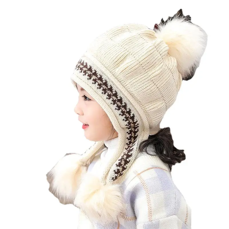 Yeni bebek kürk işlemeli şapka yün örme bere kış şapka kapaklar Pom ile