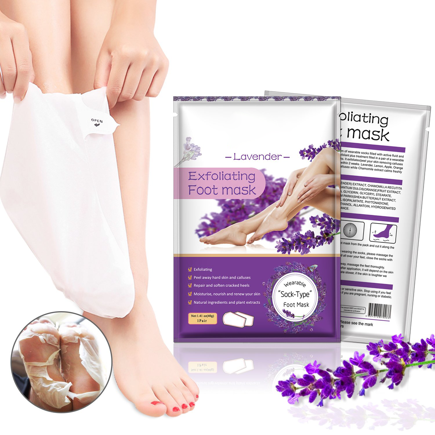 Оптовая продажа, уход за кожей ног, увлажняющие питательные носки для пилинга ног, Лавандовая отшелушивающая маска для ног