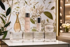 Présentoir cosmétique de luxe personnalisé HOTEAM en acrylique transparent, 4 niveaux, avec support solide et plaque arrière pour produits de soin et parfums - Product Image 3
