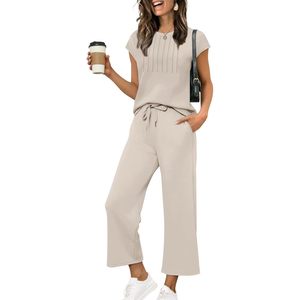 Two Piece Sets For Women Summer Casual <b>Cap</b> <b>Sleeve</b> <b>Tops</b> Lounge Matching Set Breathable Knitted Outfits - Product Image 1