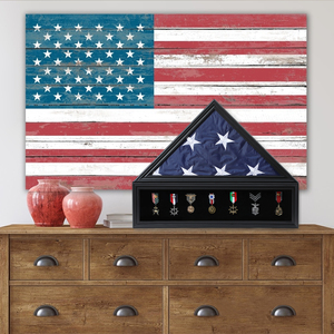 Vitrine de drapeau funéraire pour drapeau funéraire vétéran et médailles boîte d'ombre en bois massif avec porte-certificat en verre véritable noir - Product Image 5