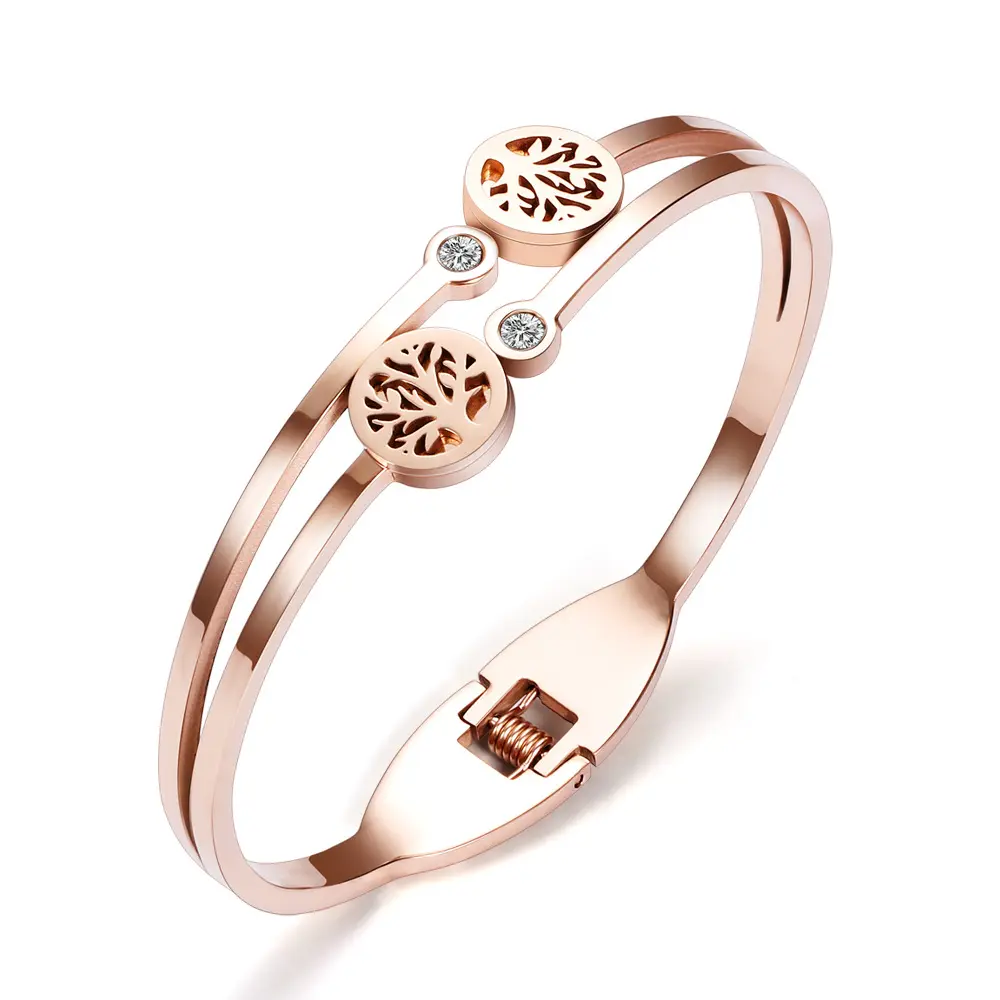 Pulseira de aço de titânio de alta qualidade da moda para mulheres, pulseira de ouro rosa árvore da vida personalizada