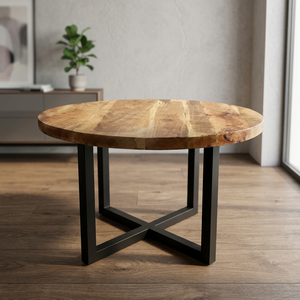 Mesa de Comedor Redonda de Madera de Mango Sólida de Estilo Industrial Vintage con Diseño Francés, Plegable, de Hierro y Metal, para Apartamentos, Hoteles, Villas - Product Image 3