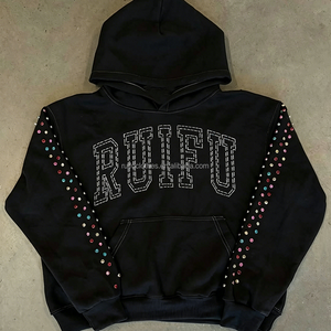 Sweat-shirts à capuche personnalisés de luxe avec broderie 3D en strass, effet relief, coupe courte et ample, imprimés, en coton, pour hommes - Product Image 1